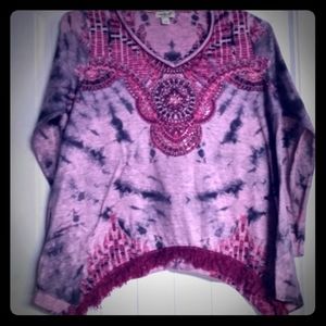 Emerald tie die hippie shirt with fringed bottom